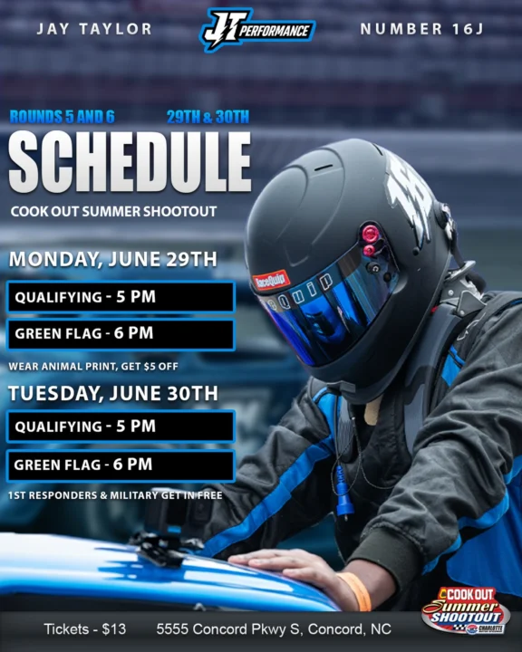 🏁 It’s Summer Shootout Time! 🏁\n\nI’m excited to be back at Charlotte Motor Speedway for Cook Out Summer Shootout Rounds 5 & 6!\n\nMonday, June 29 | S…